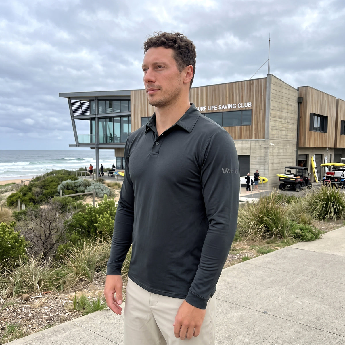 UV Ocean Tech Long Sleeve Polo - Charcoal
